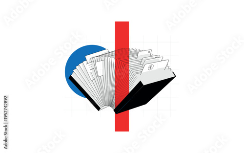 Black and white expanding accordion-style receipt organizer fanned open, bold red vertical stripe dividing composition, blue circle partially hidden behind