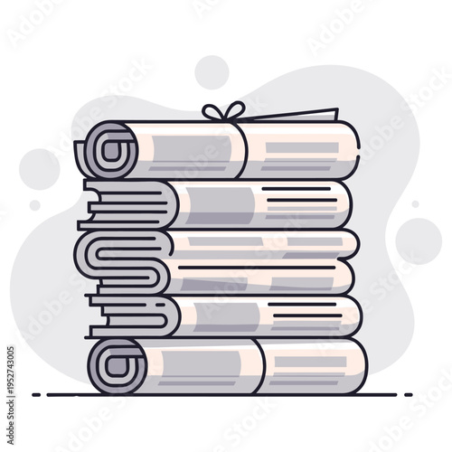 Rolled newspapers stacked in pile on white background. non editable strokes