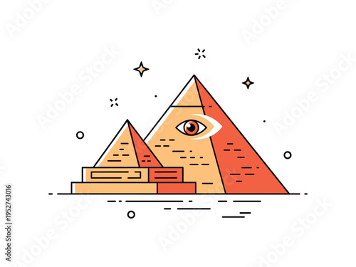 Mystery of ancient pyramids represented by a bold pyramid form with a subtle eye shaped highlight near the top, suggesting hidden knowledge and intrigue. The