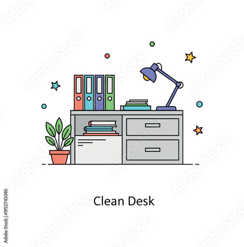 Minimal workspace setup centered on a clean filing cabinet paired with a small plant and desk lamp for balance. A subtle ?Clean Desk? caption conveys focus,