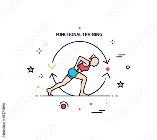 Functional training burpee badge showing a central dynamic silhouette framed by subtle circular arrows, expressing continuous movement and metabolic