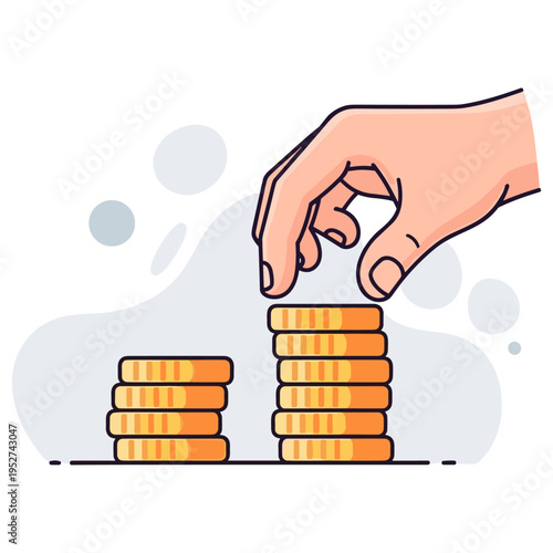 Hand stacking coins increasing savings on white background. non editable strokes