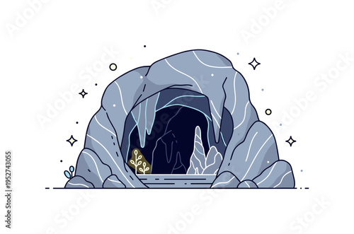 Mystical glowing cave interior rock formations outlined with gentle luminous veins, with small illuminated plants near the entrance. A compact icon-scene
