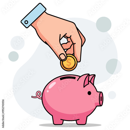 Hand inserting coin into piggy bank on white background illustration. non editable strokes