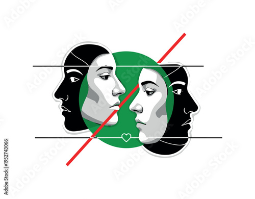 Black and white two overlapping faces looking in opposite directions symbolizing perspective and empathy, bold green circle anchoring the center, red diagonal