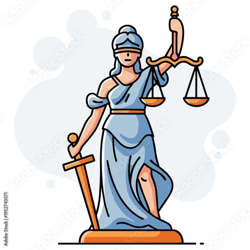 Blindfolded lady justice holding scales and sword on white background. non editable strokes