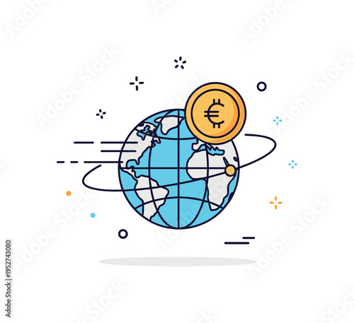 Digital currency global transfer theme shown as a coin icon orbiting a simplified globe with thin motion lines, expressing cross border payments and borderless
