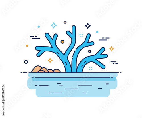 River delta landscape concept centered on branching blue waterways spreading into smaller channels as they meet a calm body of water, symbolizing natural