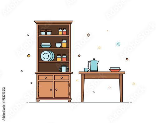 Rustic kitchen with antique cupboard concept depicted by a tall wooden hutch displaying simple plates and jars, paired with a farmhouse table, communicating