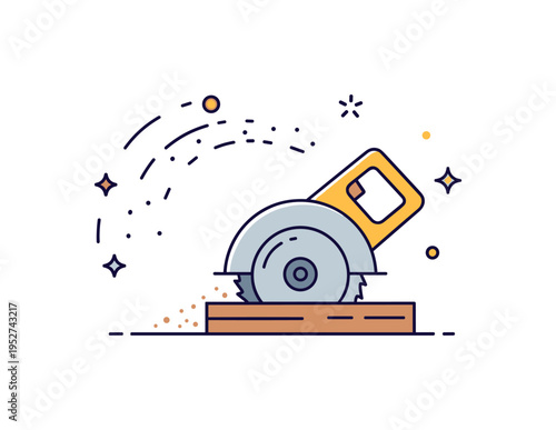 Circular saw action simplified power saw cutting through wood with a subtle spray of sawdust particles forming an arc, expressing energy and productivity. A