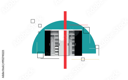 Black and white sliding closet doors partially open revealing shelves and rods, oversized teal semicircle framing interior, red vertical accent line slicing