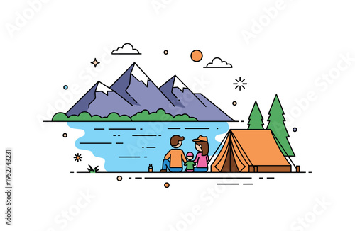 Family camping near mountain lake depicted by two small figures sitting by a tent overlooking reflective water and distant peaks, symbolizing bonding and