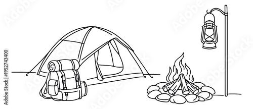 Hand drawn line art camping set featuring a tent, backpack, campfire, and lantern for outdoor adventure and nature exploration