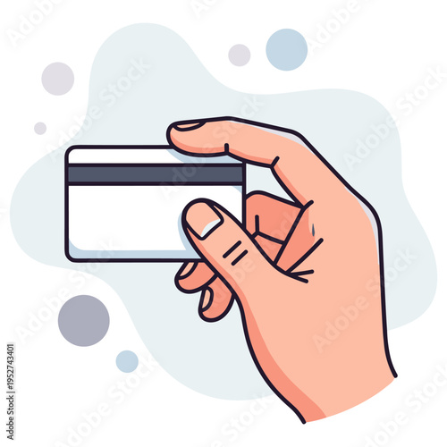 Hand holding payment card presenting magnetic stripe on plain background. non editable strokes