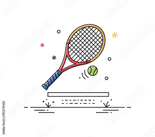 Tennis match action centered on a racket striking a bright ball above a simple baseline with small bounce marks. The composition conveys focus, precision, and