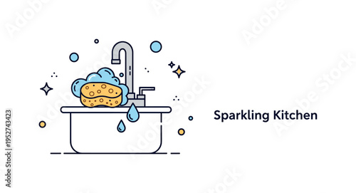 Kitchen cleaning moment highlighting a sponge and soap bubbles arranged near a simple sink outline, symbolizing hygiene and everyday maintenance. Gentle water