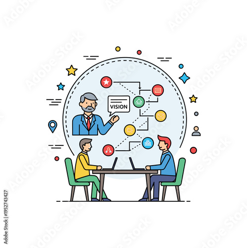 Strategic planning meeting concept built around a central advisor silhouette discussing a roadmap diagram with connected milestones, expressing long term