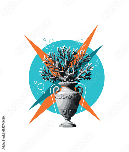 Realistic black and white coral reef growing from an urn underwater, flat turquoise circle backdrop, sharp orange geometric shapes suggesting light rays,