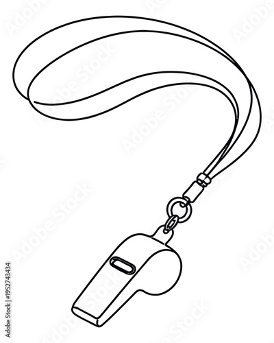 Line art illustration of a whistle on a lanyard depicting a signaling device for sports and safety