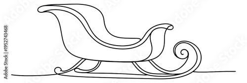 Hand drawn line art illustration of a sleigh depicting an empty festive sleigh for Christmas and winter holidays