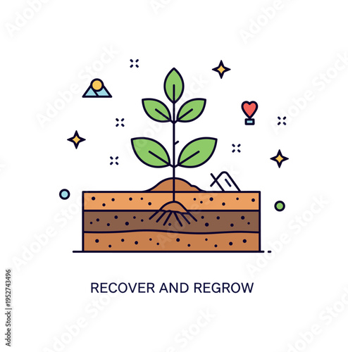 Habitat recovery process illustration centered on soil layers with a native plant regrowing after invasive removal, symbolizing ecological resilience. A short