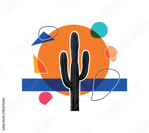 Black and white desert cactus centered in minimal composition, bright orange circular halo behind, blue horizontal bar crossing lower third, abstract geometric