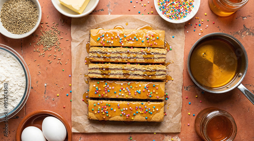 Overhead flat lay of Peruvian turrón de Doña Pepa layered anise cookie bars with colorful candy sprinkles and syrup on parchment