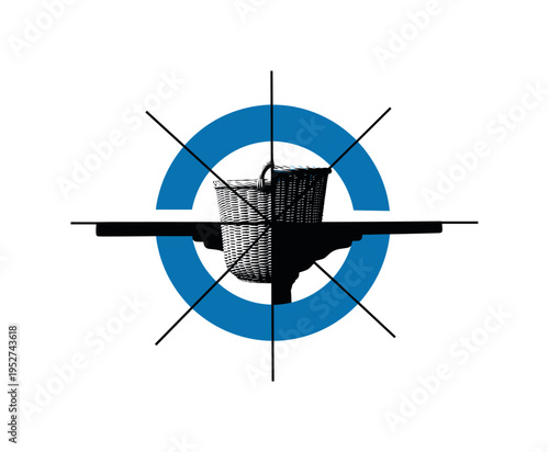 Black and white basket silhouette combined with minimalist table edge, framed by bold blue circular ring and intersecting thin black lines symbolizing harmony