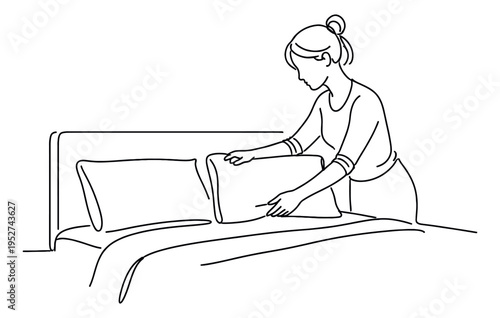 Hand drawn illustration of a woman adjusting a pillow depicting making a bed for household chores