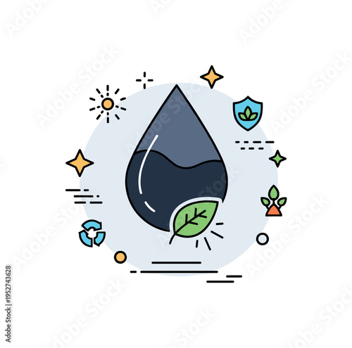 Environmental toxicity concept built around a dark liquid drop with a small leaf icon affected beneath it, expressing ecological impact and pollution risks.