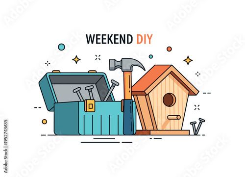 Weekend DIY hobby toolbox slightly open with visible hammer and nails beside a compact birdhouse frame. A lively concept badge highlighting productive leisure