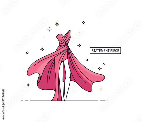 Couture dress dramatic silhouette centered on a bold asymmetric gown with flowing fabric curves and subtle spark elements, expressing movement and artistic