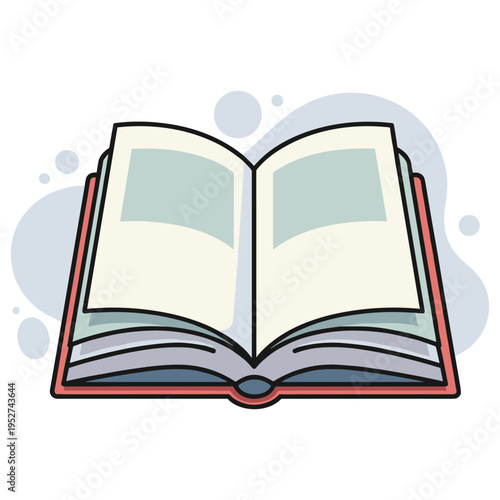 Open book displayed resting on flat white surface illustration. non editable strokes