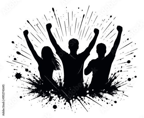 Energetic silhouette illustration of three people depicting celebration and protest for victory and social change