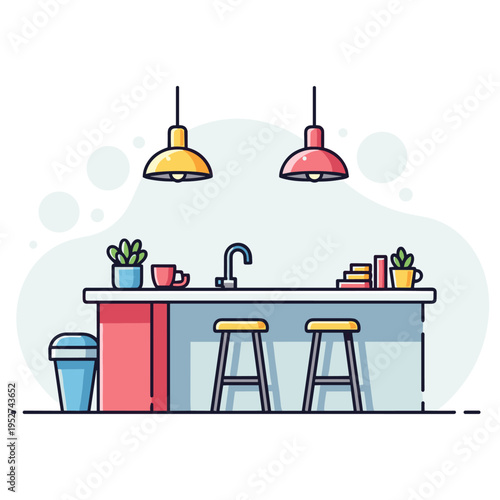 Kitchen island with stools and pendant lights in interior. non editable strokes