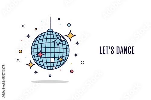 Disco ball festive celebration concept showing a sparkling mirrored sphere surrounded by tiny star accents and confetti dots, symbolizing excitement and
