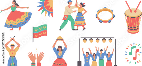 Set of isolated latin american carnival dance and music elements, flat design style, vector illustration