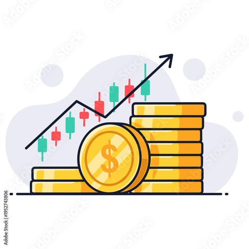 Stacked coins showing growth with upward graph in background. non editable strokes