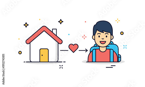 Host family welcome concept shown as a simple house icon with a small heart symbol connecting it to a smiling student with a backpack, symbolizing hospitality