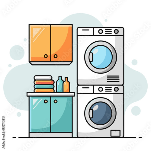 Stacked washer and dryer beside cabinets in laundry room. non editable strokes