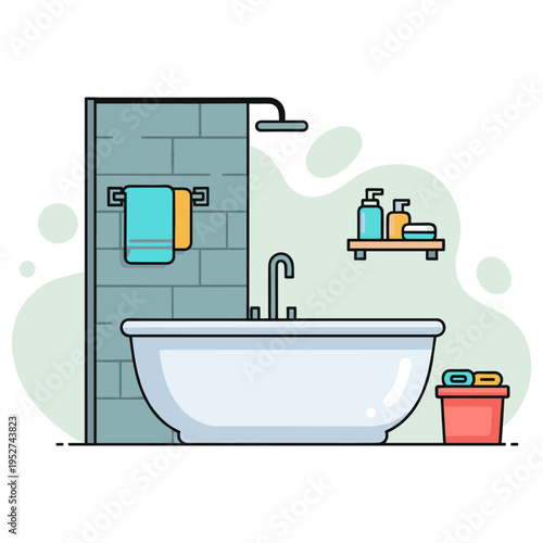 Freestanding bathtub with shower and toiletries in bathroom. non editable strokes