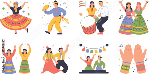 Traditional folk dance collection featuring people in ethnic costumes playing music and performing cultural art