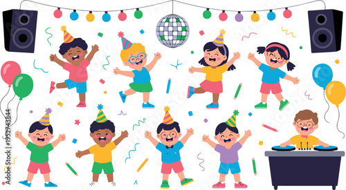 Children dancing at disco party with dj and sound speakers under colorful garlands and spinning mirror ball set