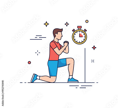 Athletic training drill concept centered on a focused figure performing high knees with a small stopwatch icon nearby, expressing timed intervals and