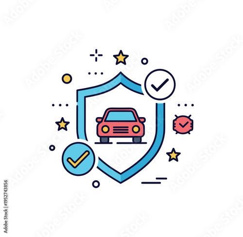 Safe driving campaign illustration featuring a small car icon surrounded by protective shield and checkmark symbols, expressing careful behavior and rule