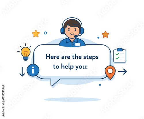 Customer support agent chat bubble centered on guidance and instructions, illustrated with a main message bubble supported by small info icons and directional