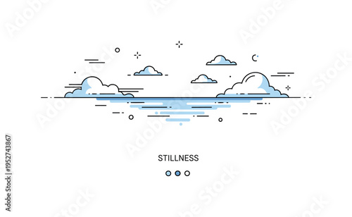 Minimal seascape horizon scene showing expansive sky meeting calm reflective water. Balanced cloud forms, subtle line accents and a ?Stillness? text detail