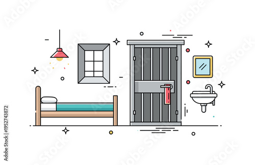 Empty jail cell interior featuring a simple cot and small sink representing deprivation and minimal living conditions. The composition focuses on stark