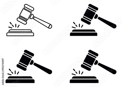 Graphic gavel icon set featuring outline and solid styles striking a sound block for legal and auction concepts