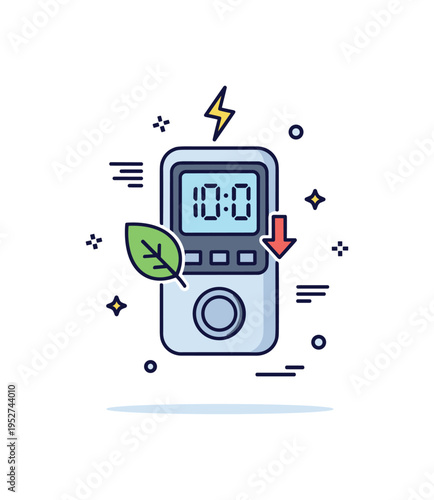 Smart thermostat energy efficiency concept illustrated by a modern digital thermostat display with a leaf icon and small downward arrow suggesting reduced